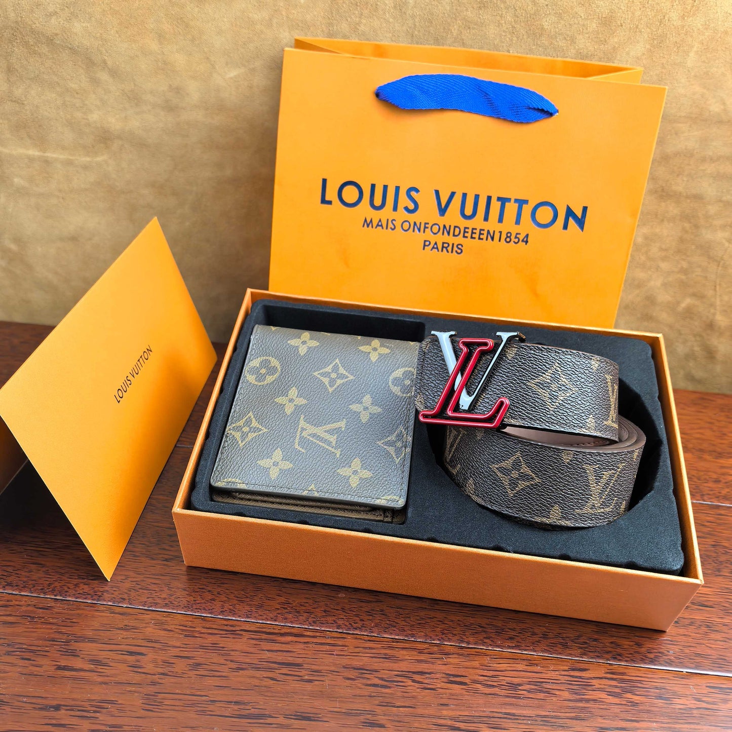 2025 L classic double buckle brown belt + wallet set