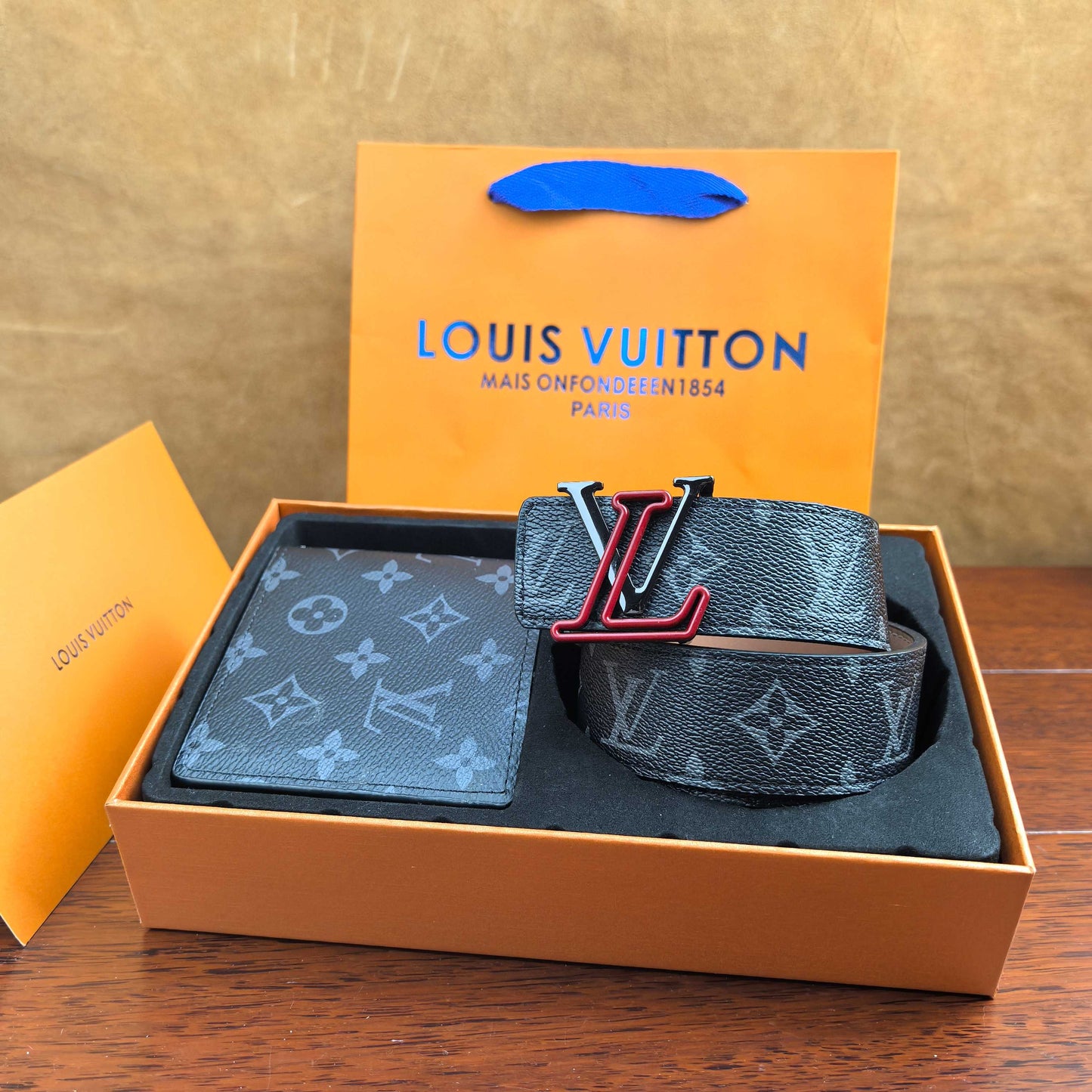 2025 L Home Classic Black Flower Belt + Wallet Set
