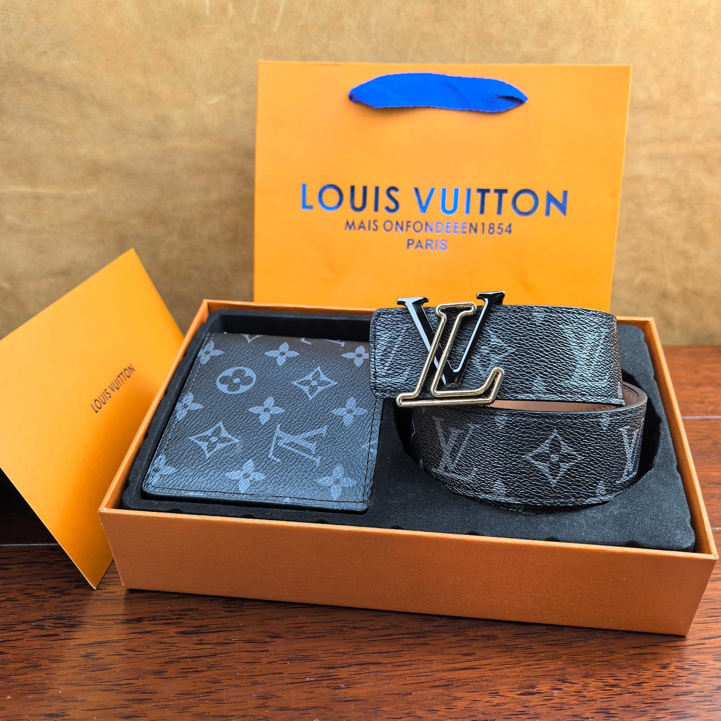 2025 L Home Classic Black Flower Belt + Wallet Set