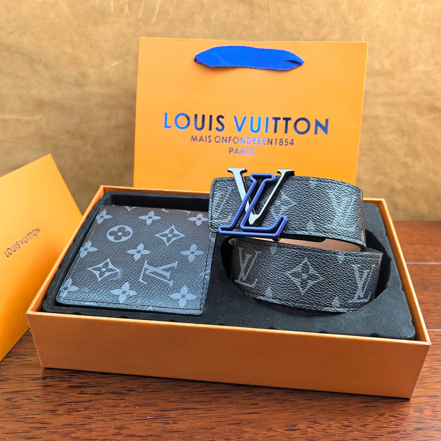 2025 L Home Classic Black Flower Belt + Wallet Set