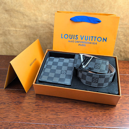 2025 L Home Classic Double Buckle Black Grid Belt + Wallet Set